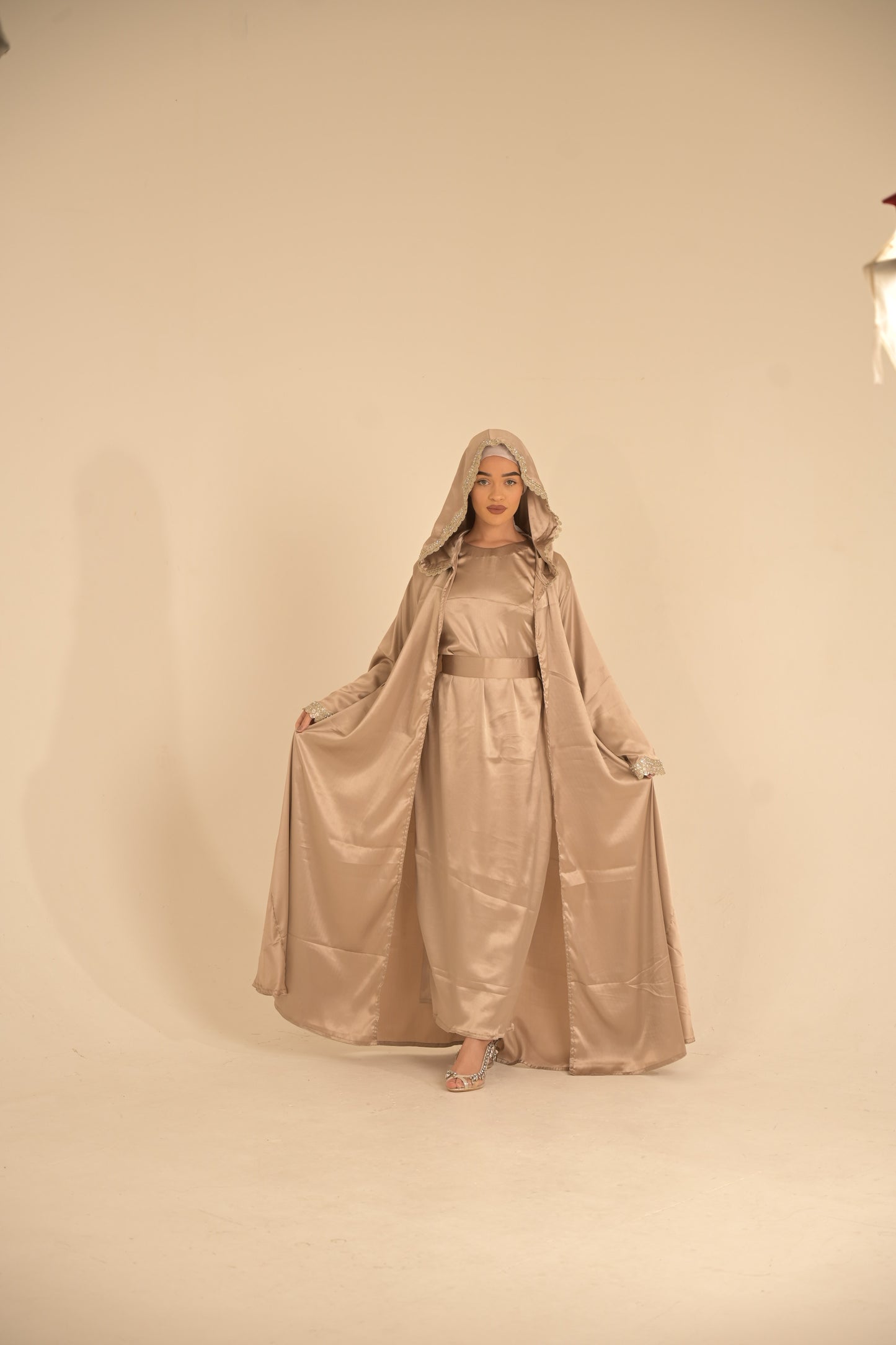 Two pieces silk hooded abaya