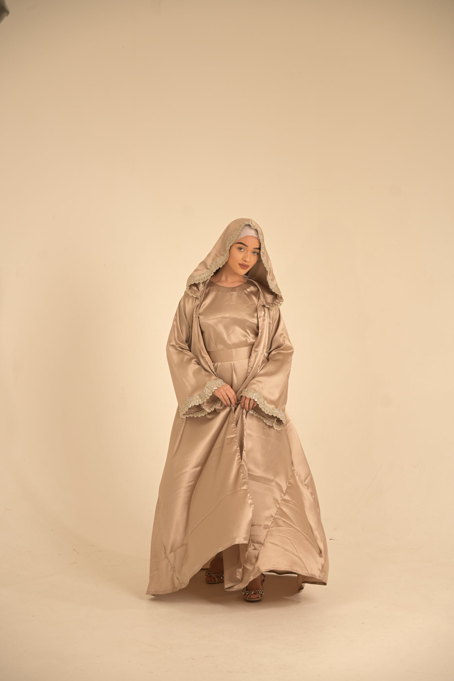 Two pieces silk hooded abaya
