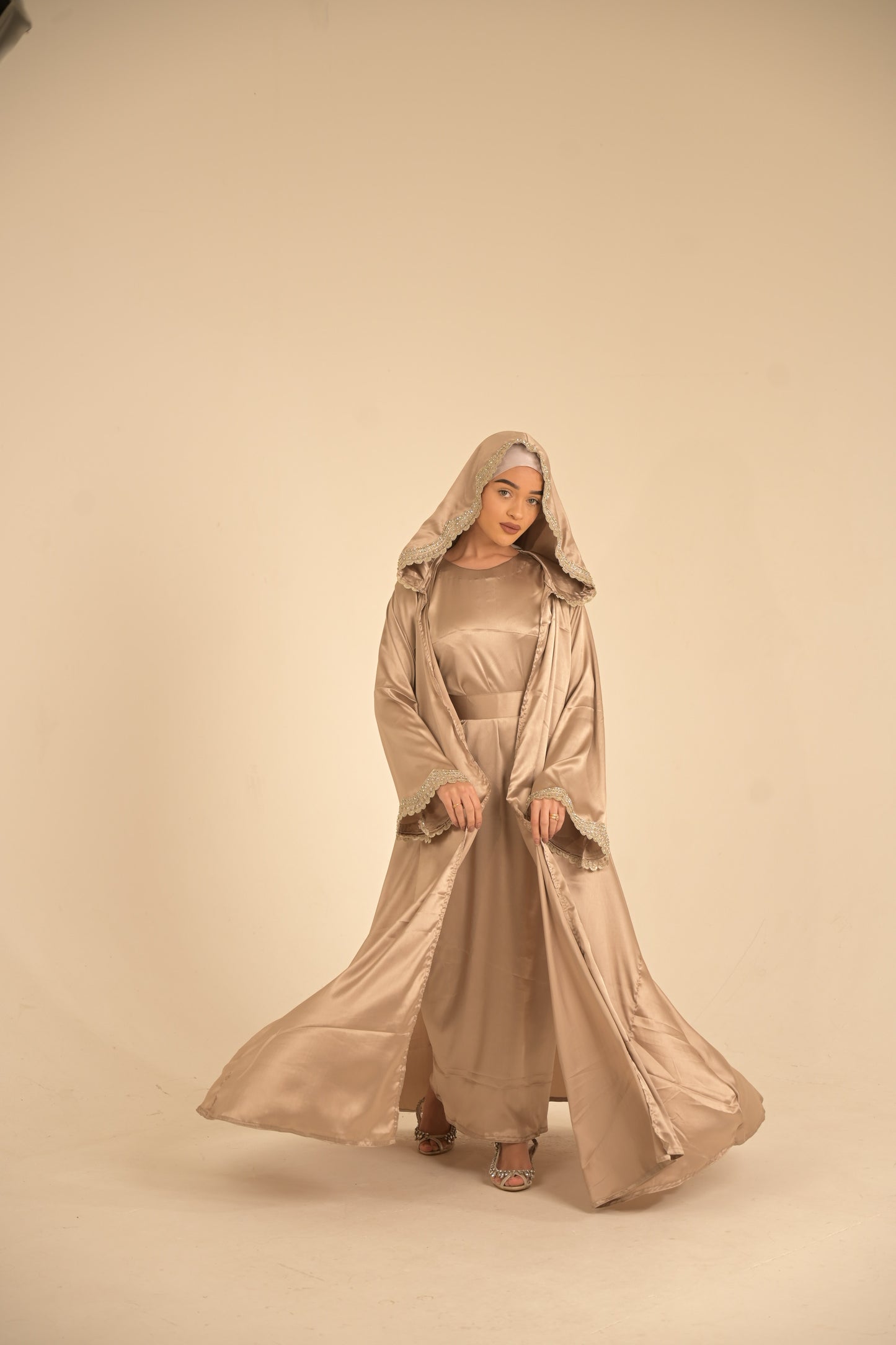 Two pieces silk hooded abaya