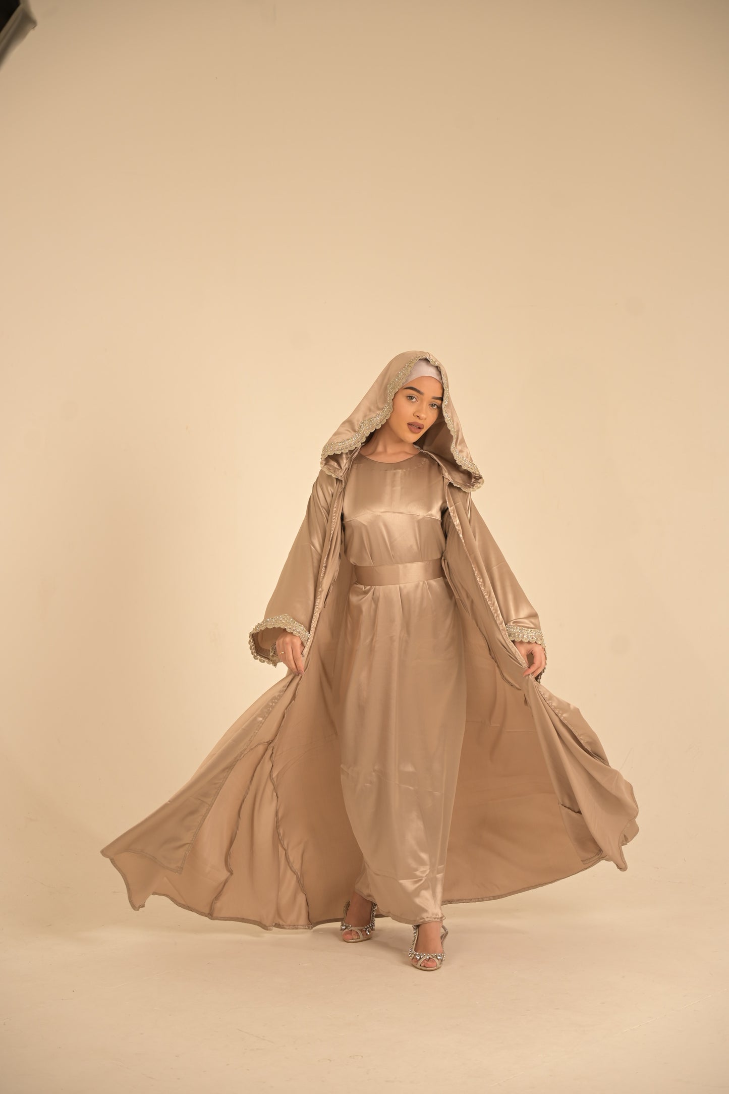 Two pieces silk hooded abaya