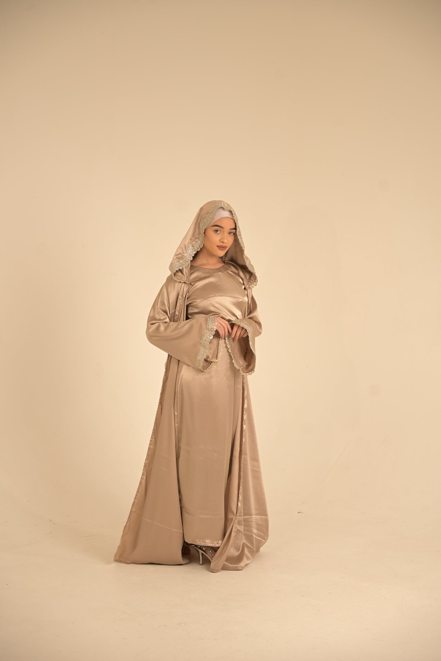 Two pieces silk hooded abaya