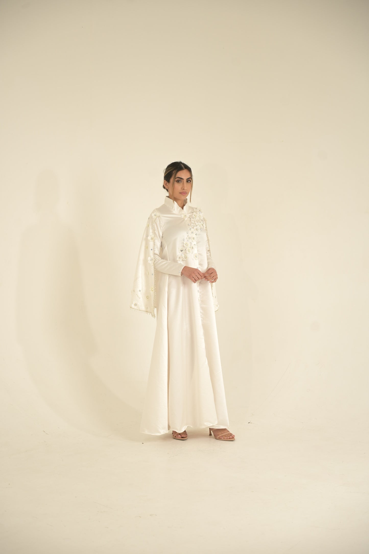 bridal White silk and 3-D embroidered Caped abaya