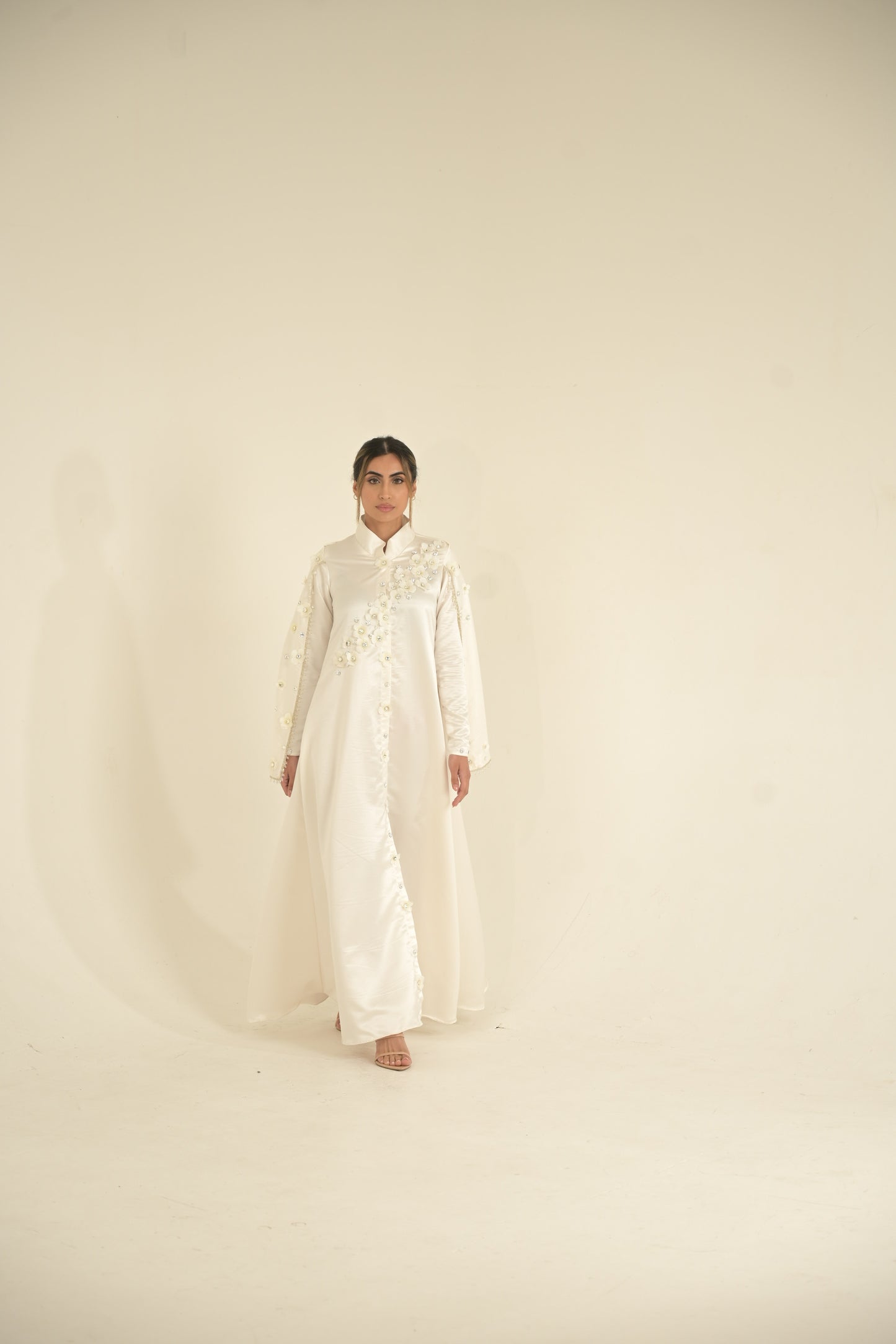 bridal White silk and 3-D embroidered Caped abaya
