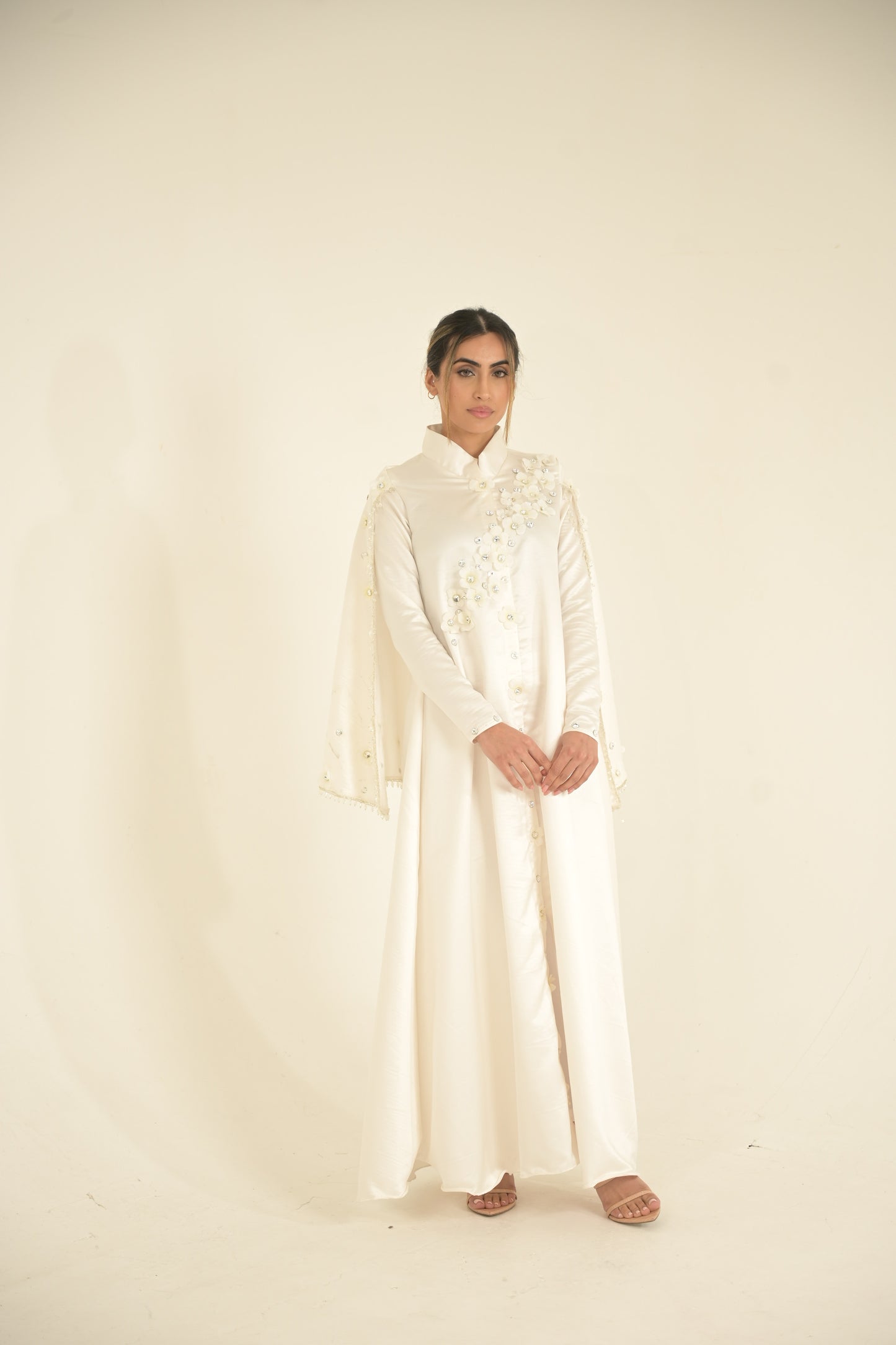 bridal White silk and 3-D embroidered Caped abaya