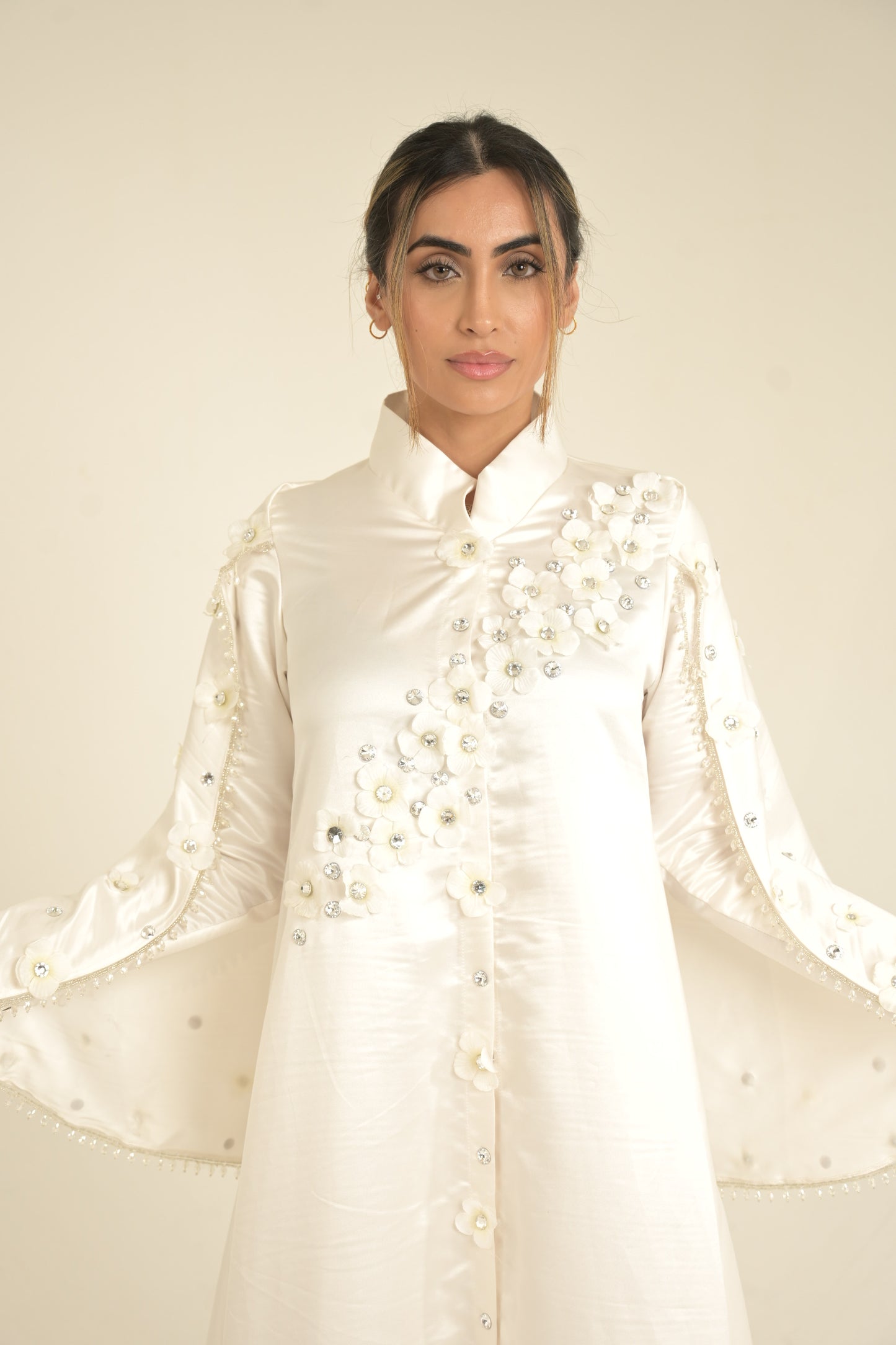 bridal White silk and 3-D embroidered Caped abaya