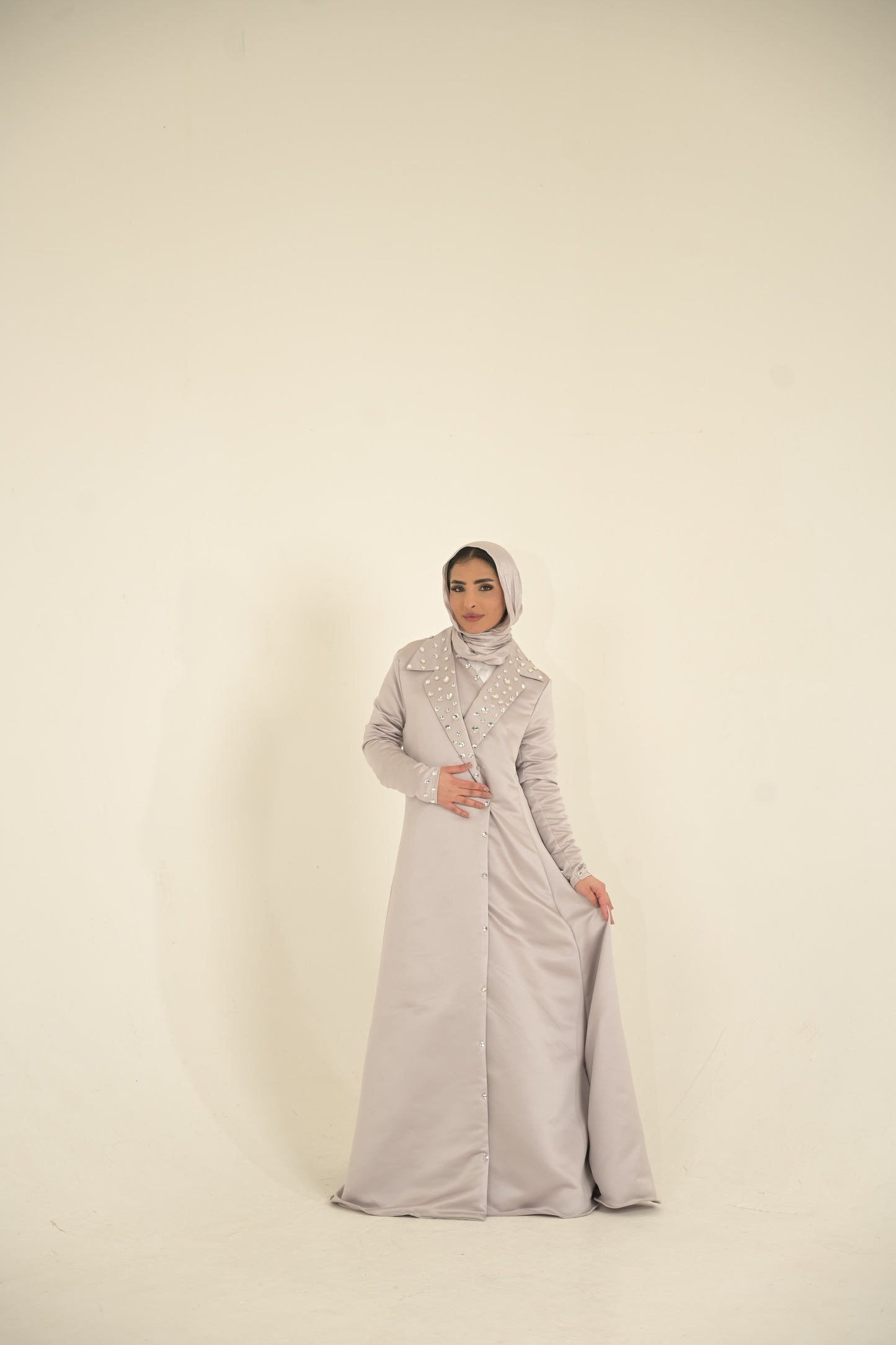 Heavy Silk Satin coat Abaya with Swarovski stones