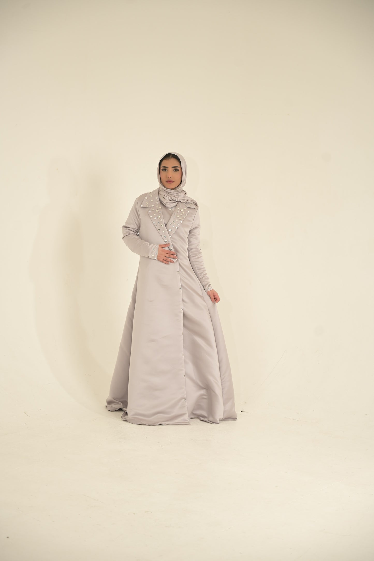 Heavy Silk Satin coat Abaya with Swarovski stones