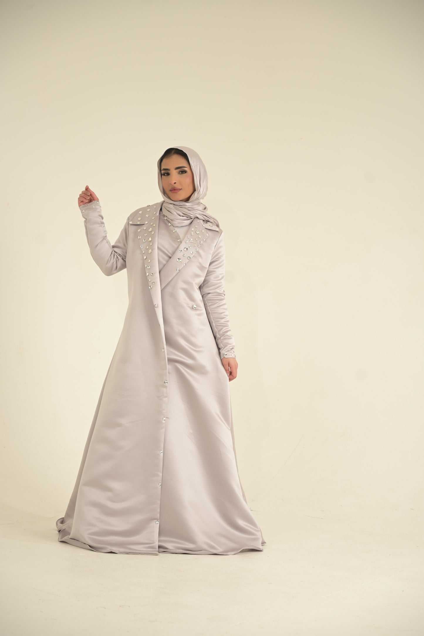 Heavy Silk Satin coat Abaya with Swarovski stones