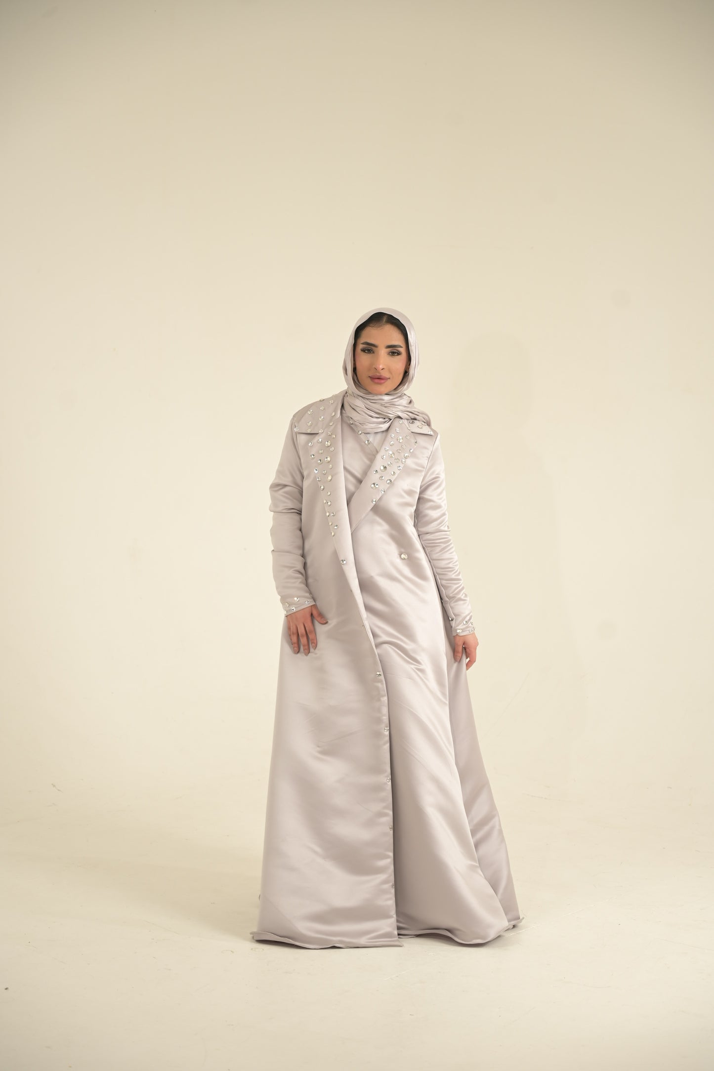Heavy Silk Satin coat Abaya with Swarovski stones