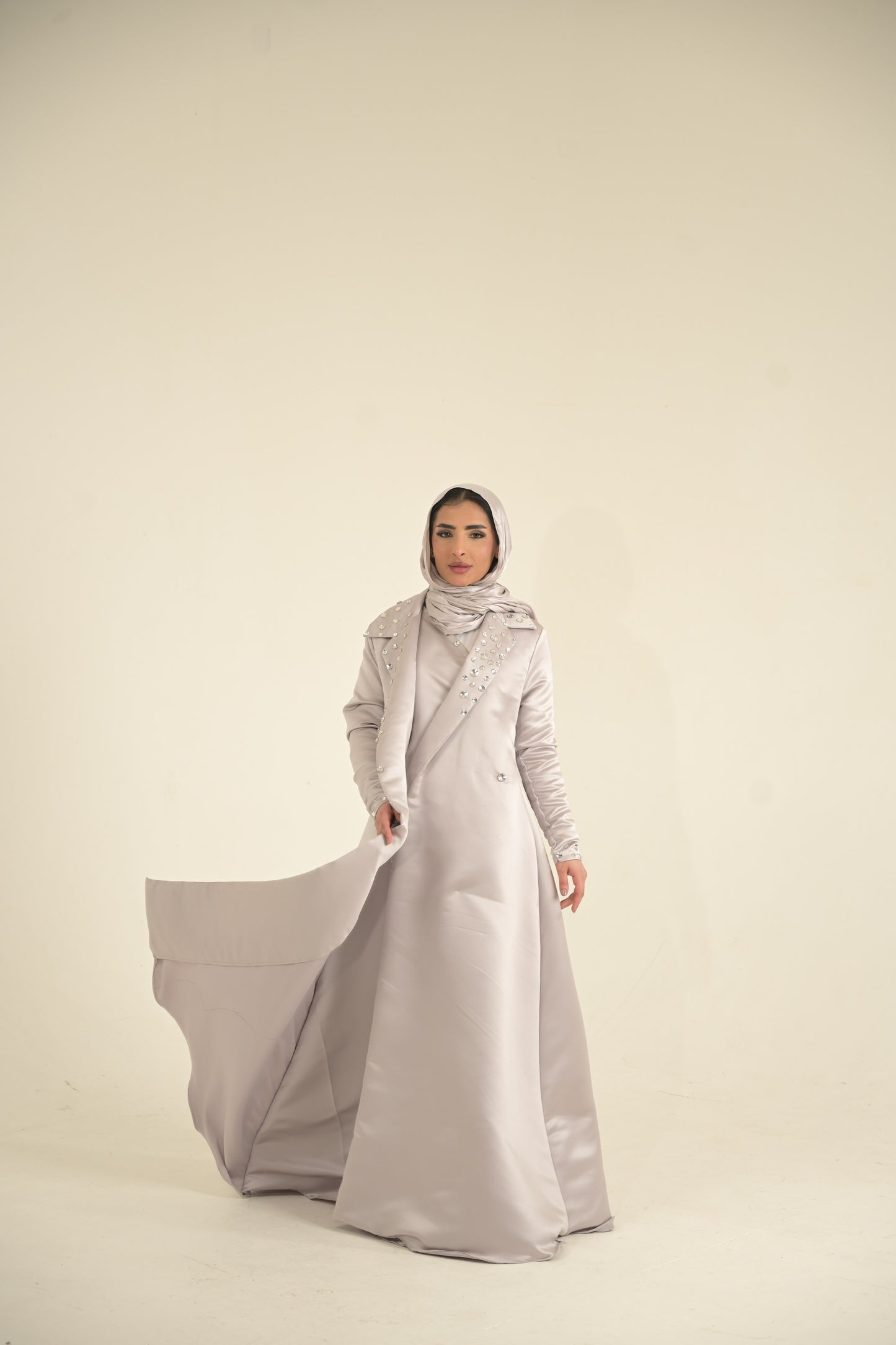 Heavy Silk Satin coat Abaya with Swarovski stones