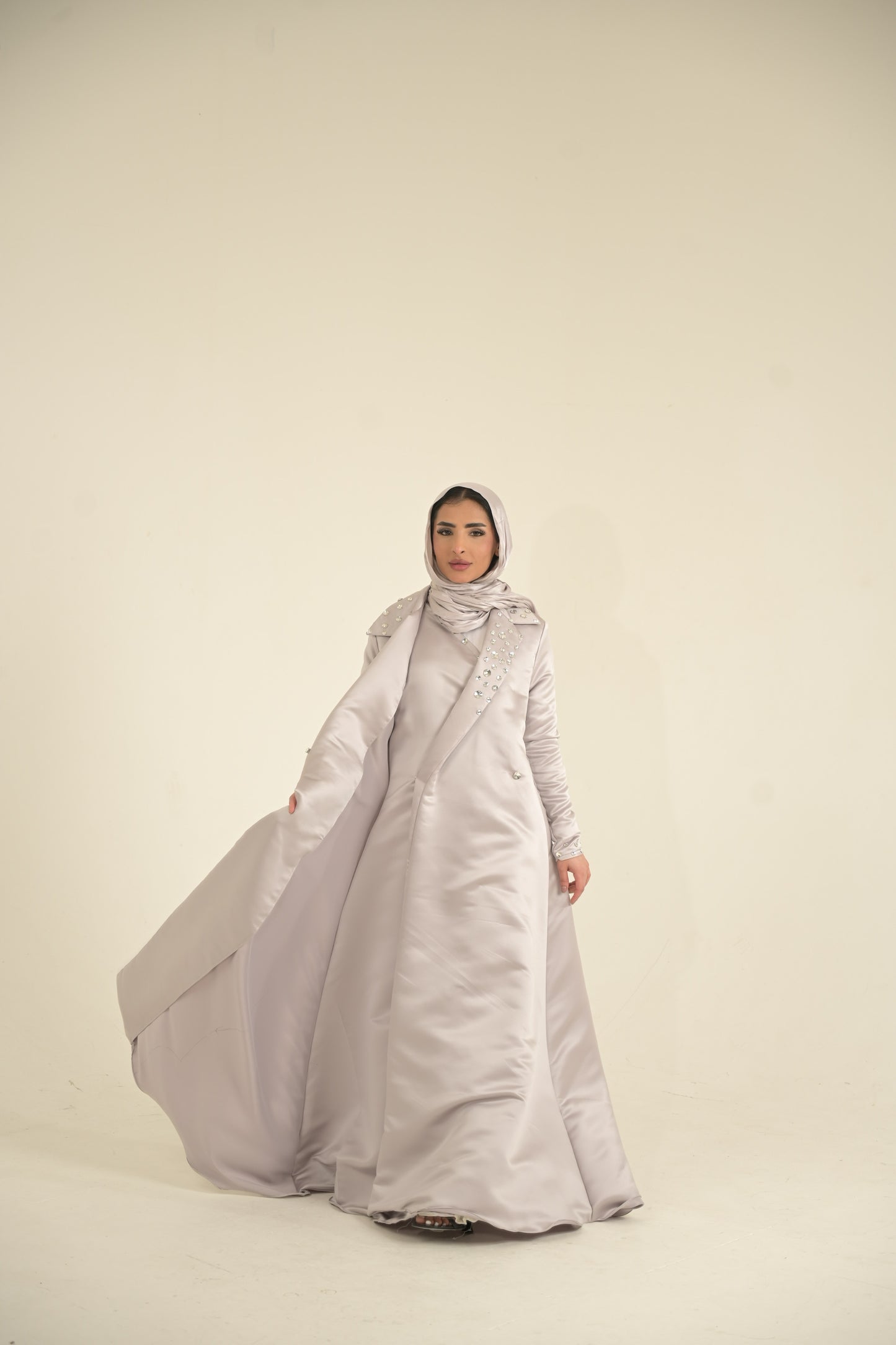 Heavy Silk Satin coat Abaya with Swarovski stones