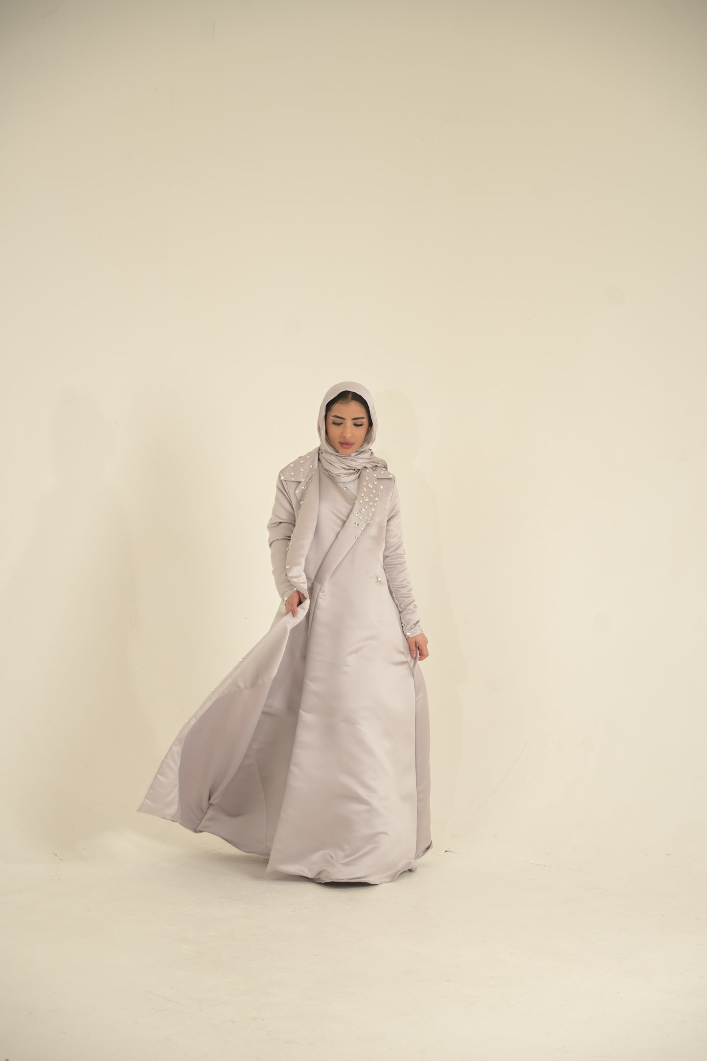 Heavy Silk Satin coat Abaya with Swarovski stones