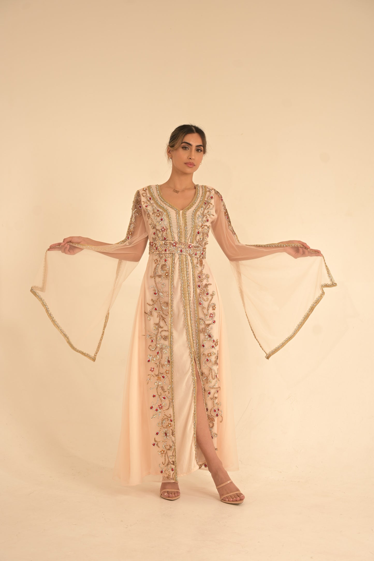 Peach colour kaftan with gold lace and heavy embroidered Swarovski stones