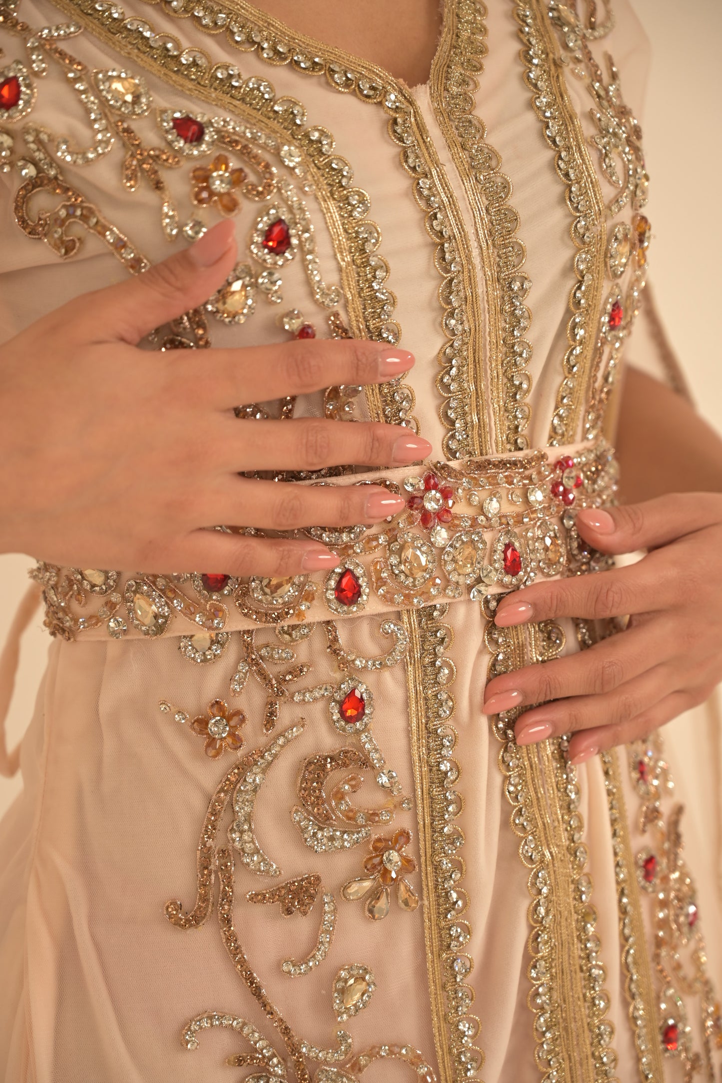 Peach colour kaftan with gold lace and heavy embroidered Swarovski stones