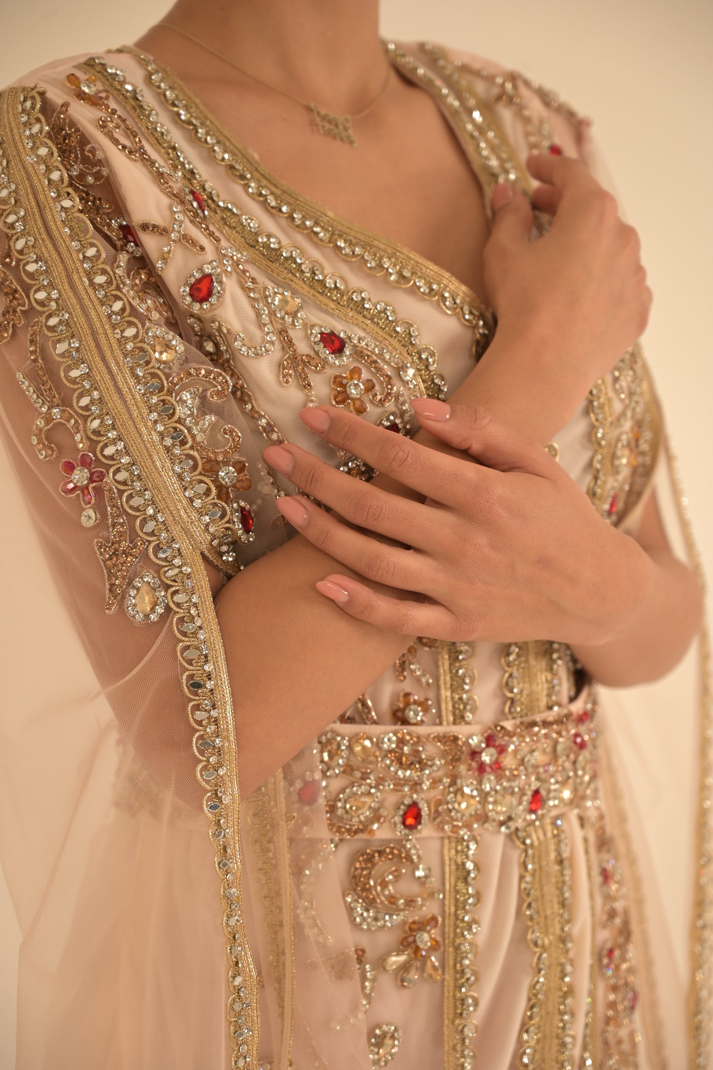 Peach colour kaftan with gold lace and heavy embroidered Swarovski stones