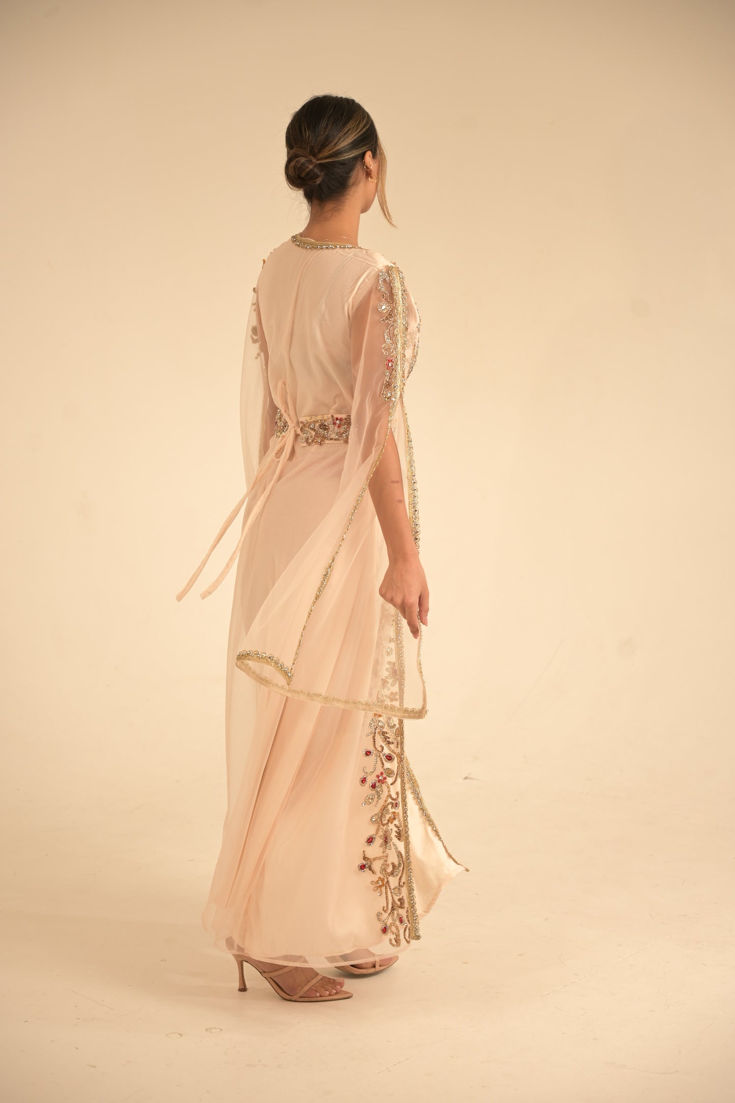 Peach colour kaftan with gold lace and heavy embroidered Swarovski stones