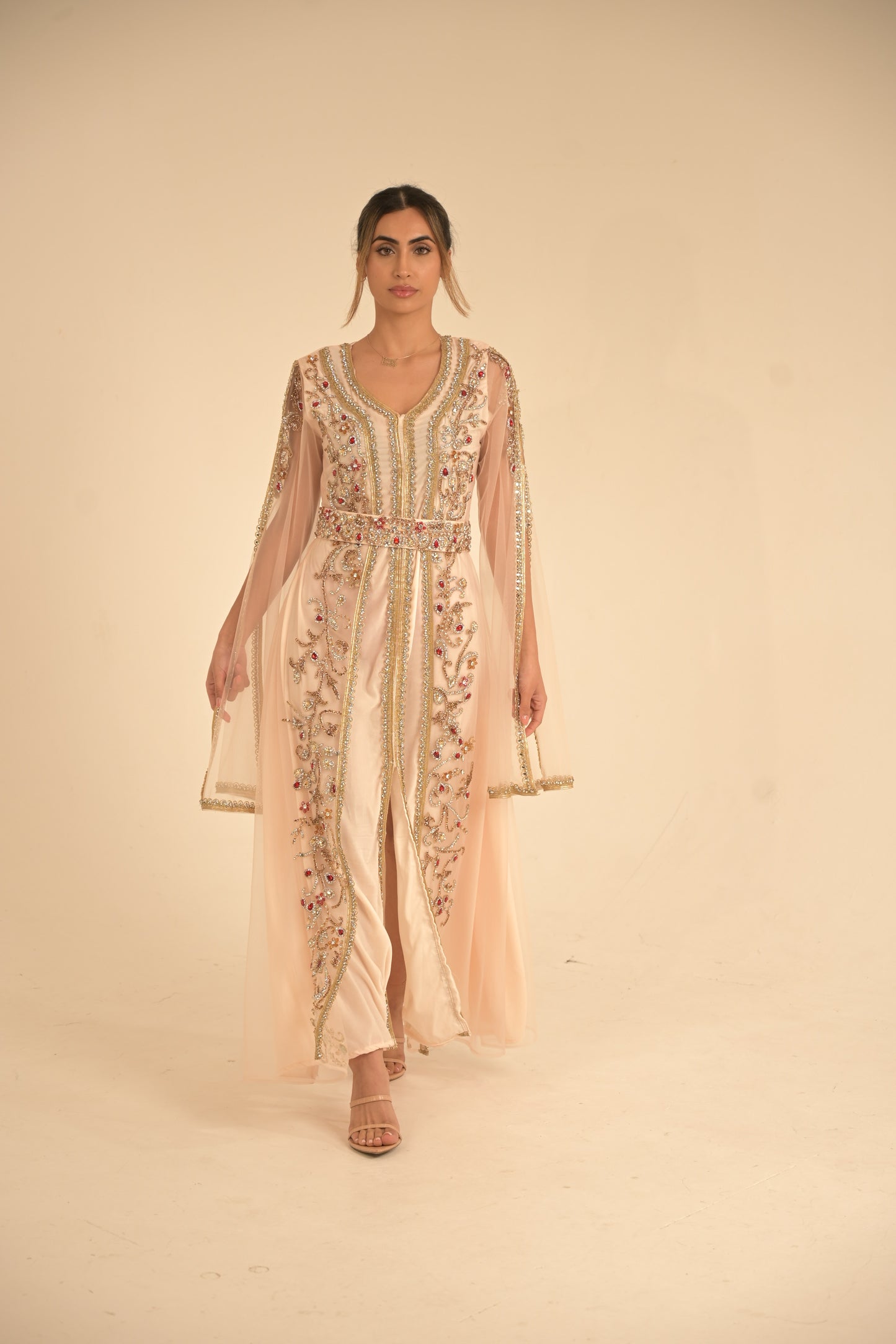 Peach colour kaftan with gold lace and heavy embroidered Swarovski stones