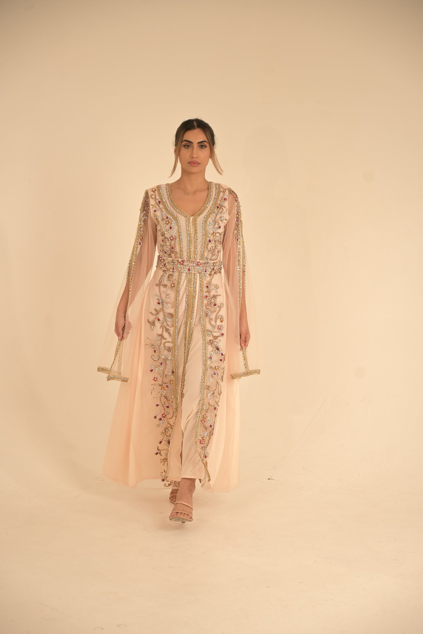 Peach colour kaftan with gold lace and heavy embroidered Swarovski stones
