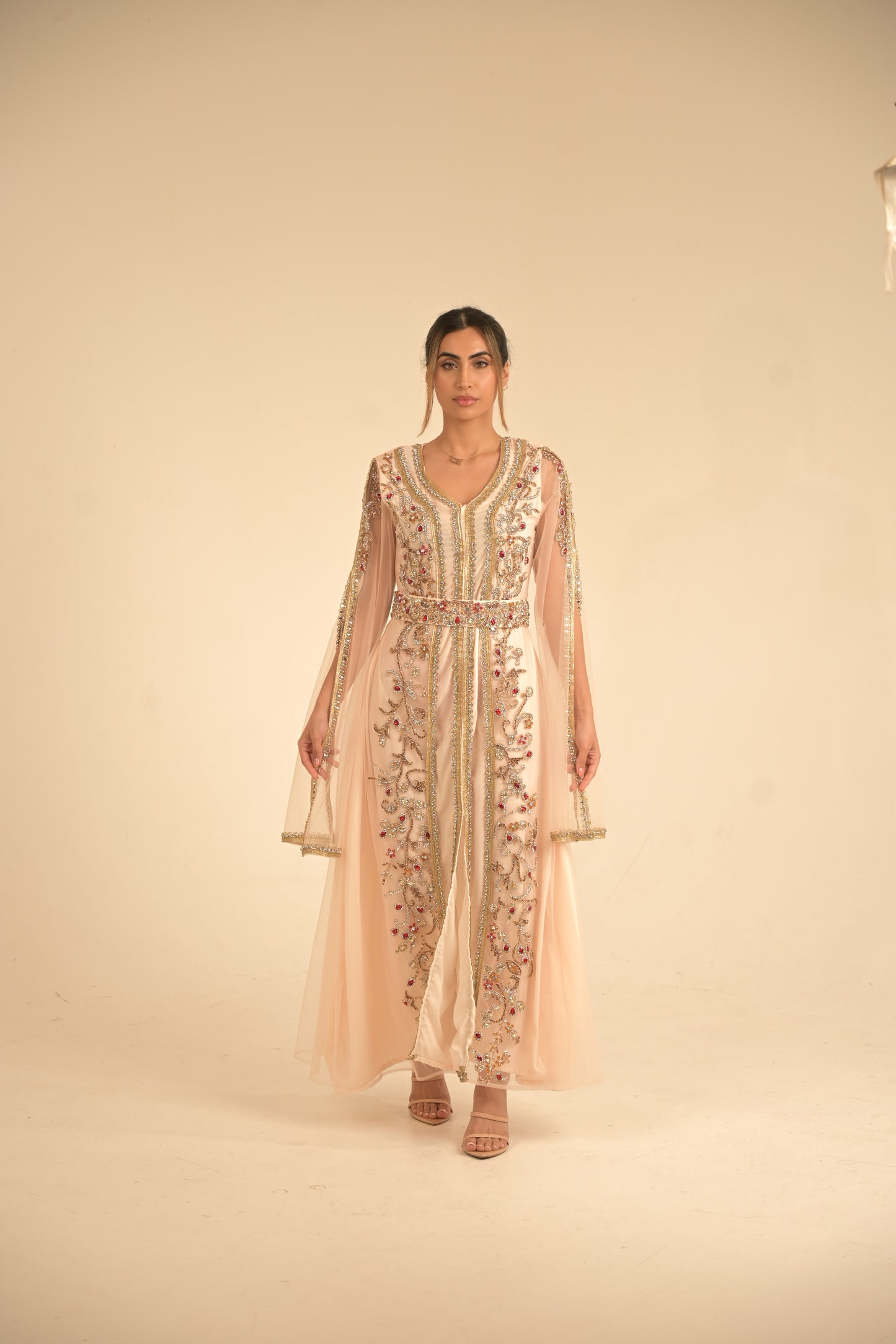 Peach colour kaftan with gold lace and heavy embroidered Swarovski stones