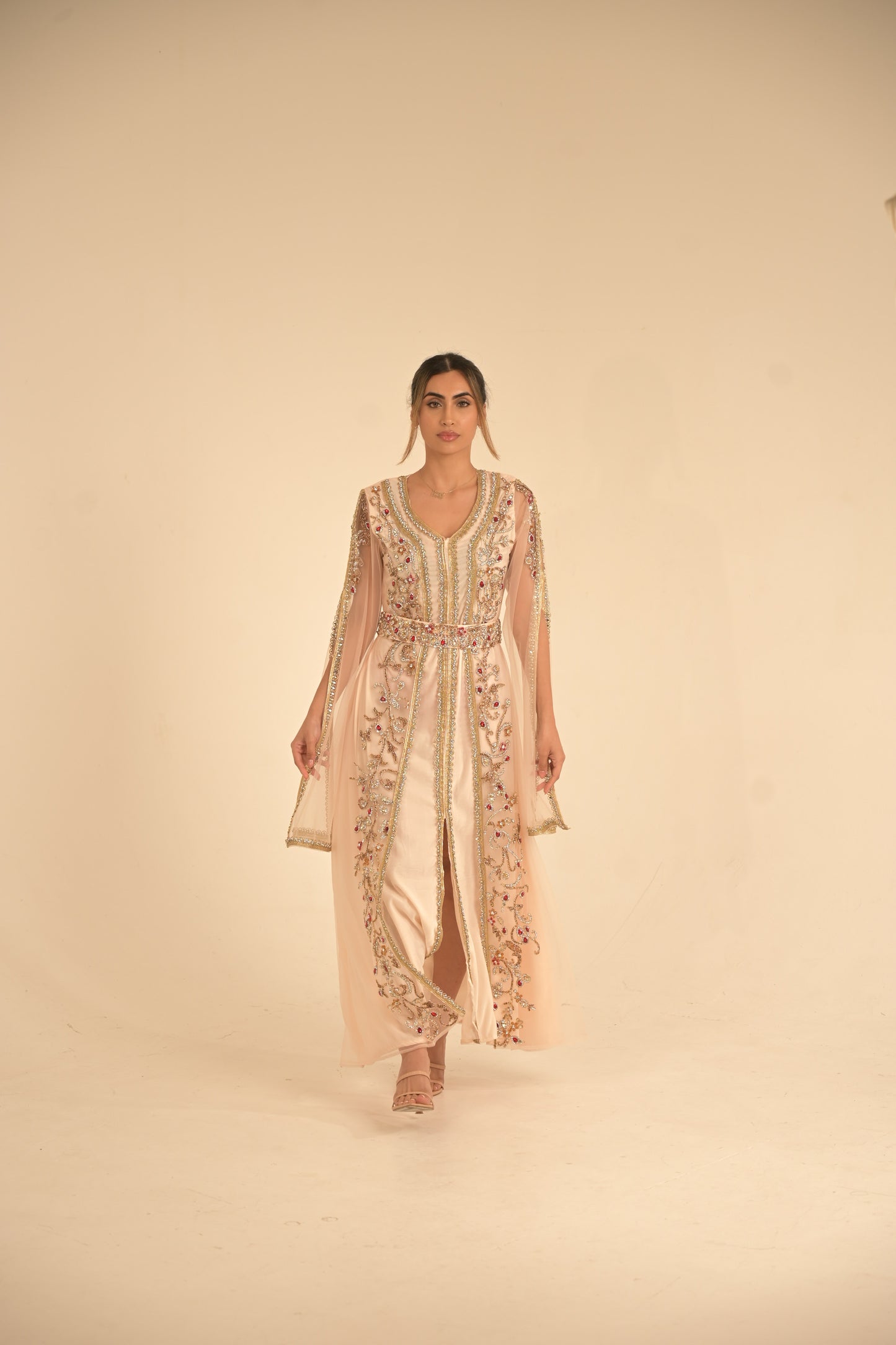 Peach colour kaftan with gold lace and heavy embroidered Swarovski stones
