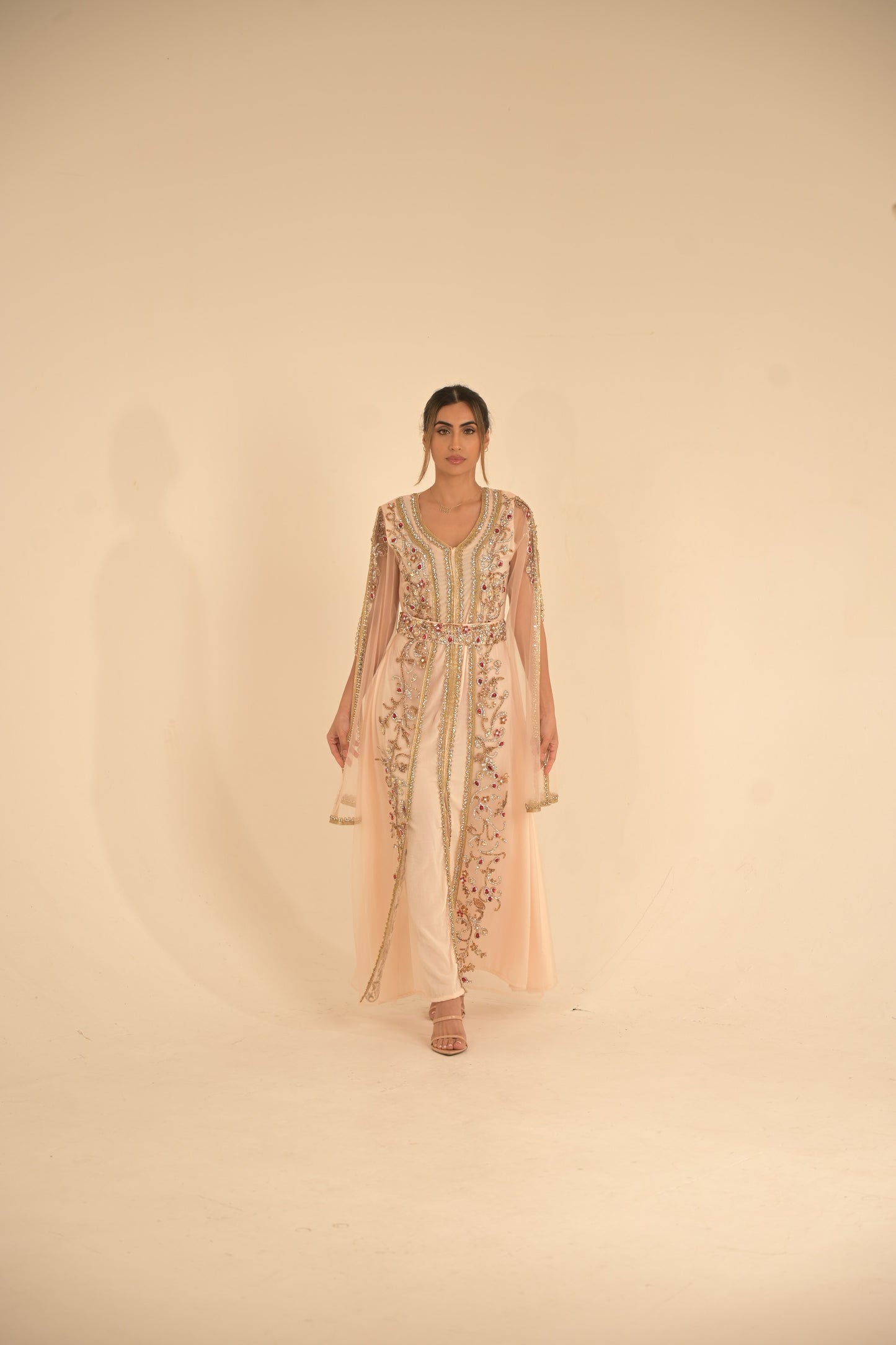Peach colour kaftan with gold lace and heavy embroidered Swarovski stones