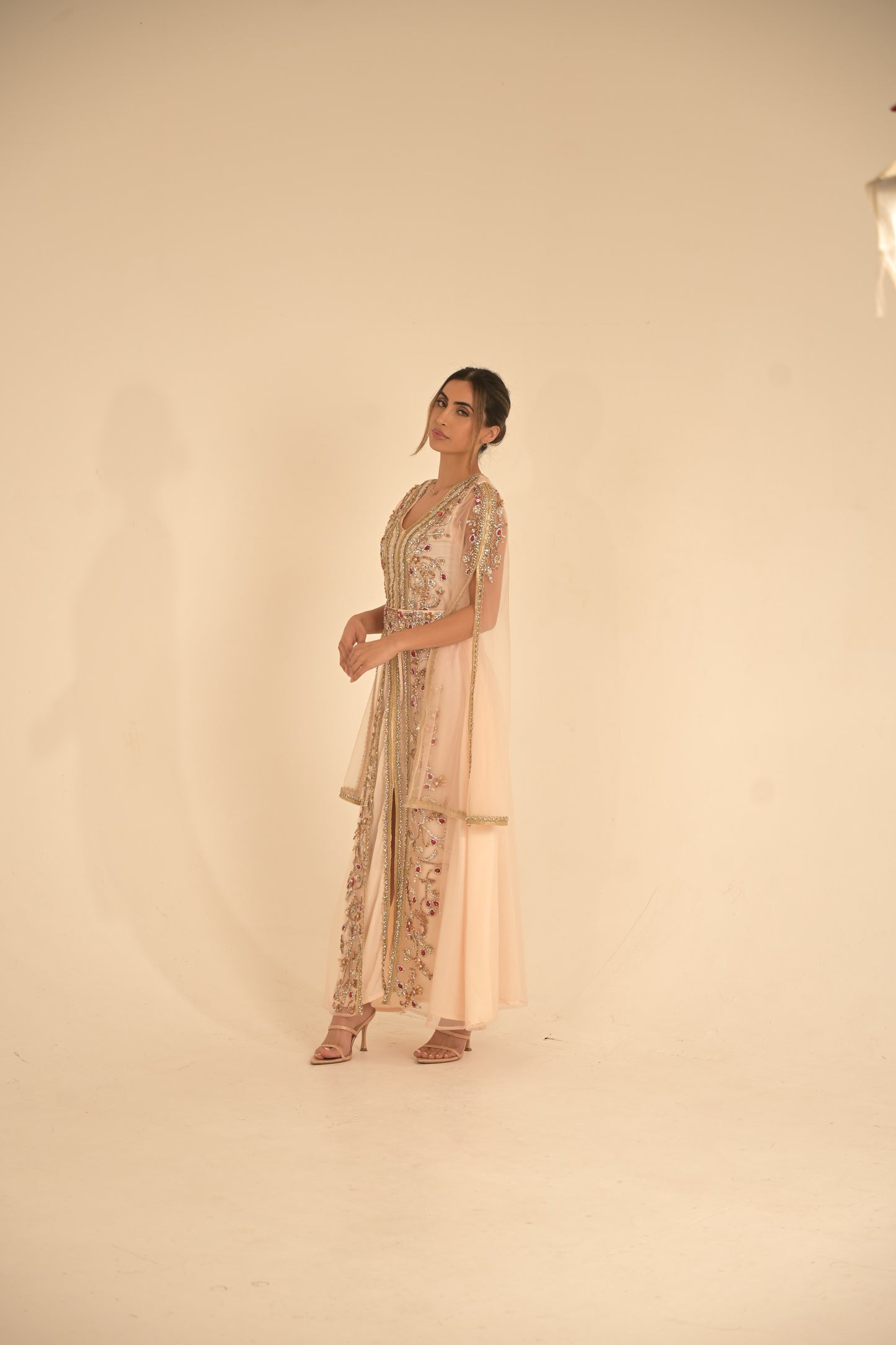 Peach colour kaftan with gold lace and heavy embroidered Swarovski stones