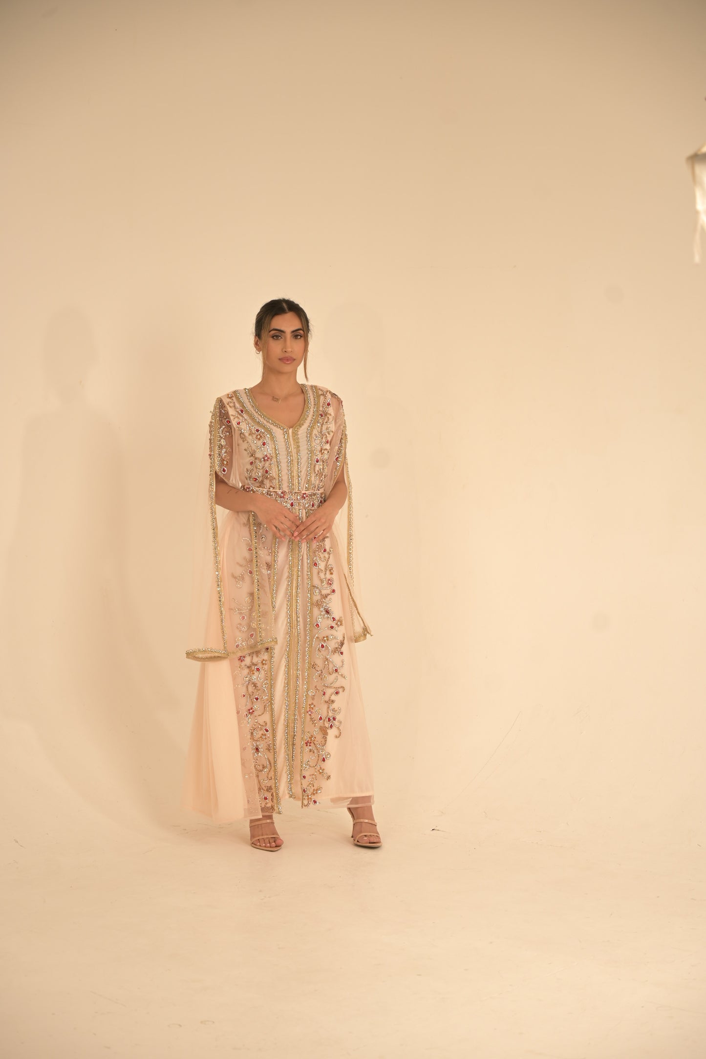 Peach colour kaftan with gold lace and heavy embroidered Swarovski stones