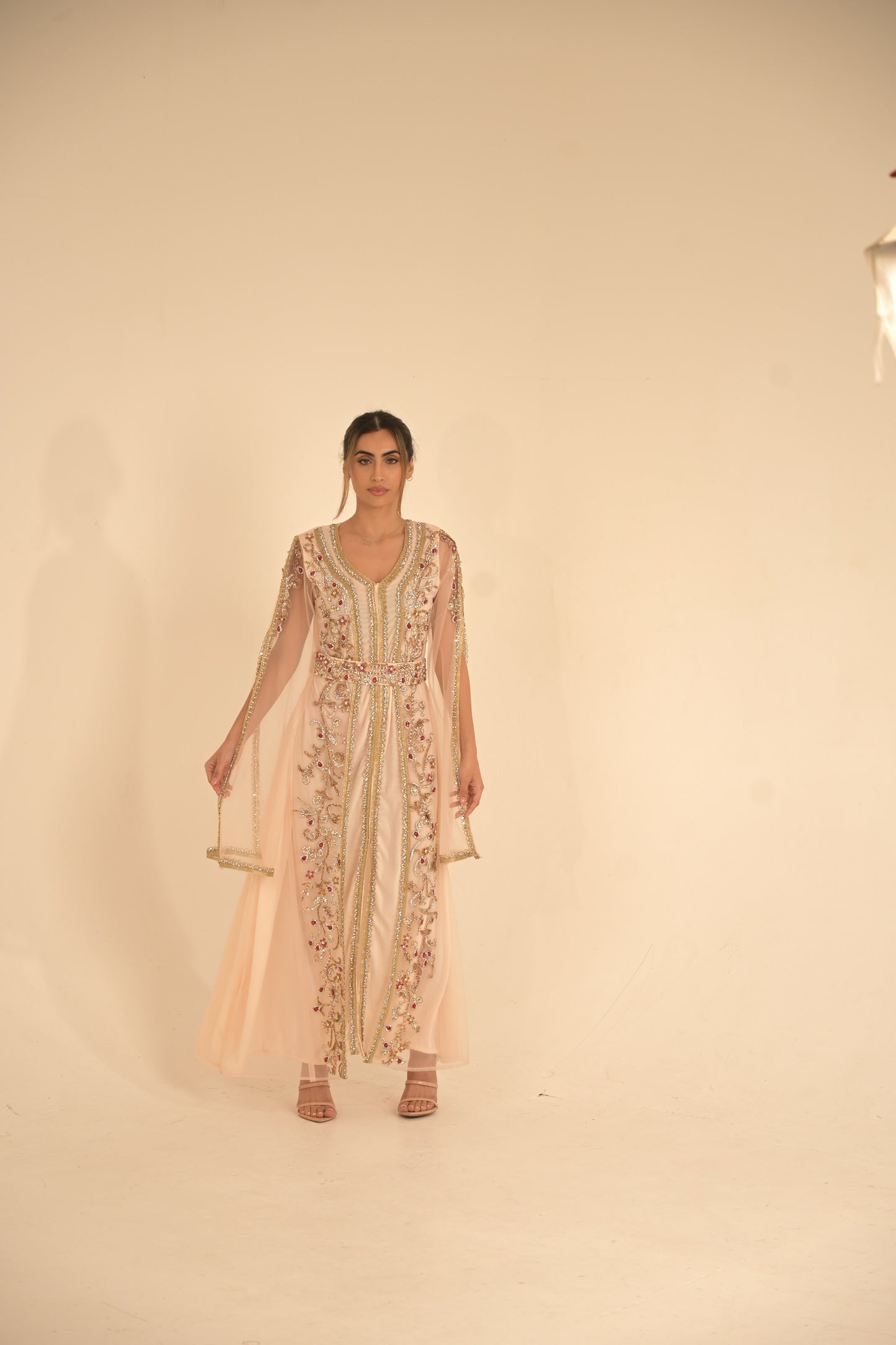 Peach colour kaftan with gold lace and heavy embroidered Swarovski stones