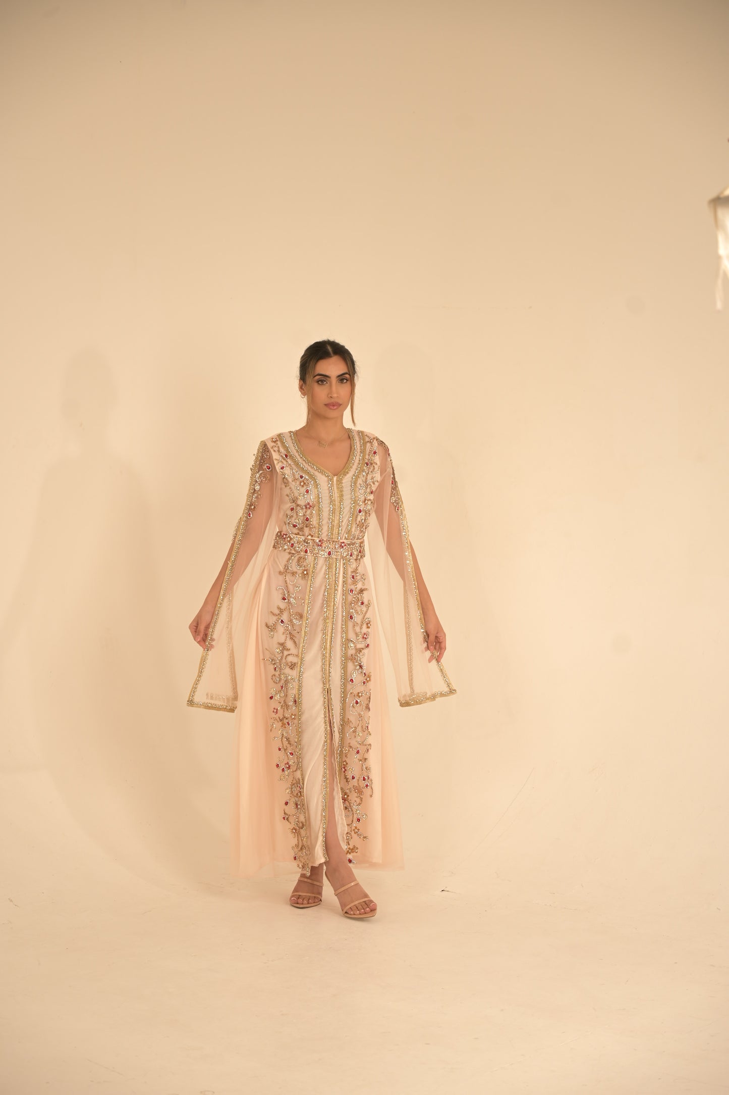 Peach colour kaftan with gold lace and heavy embroidered Swarovski stones