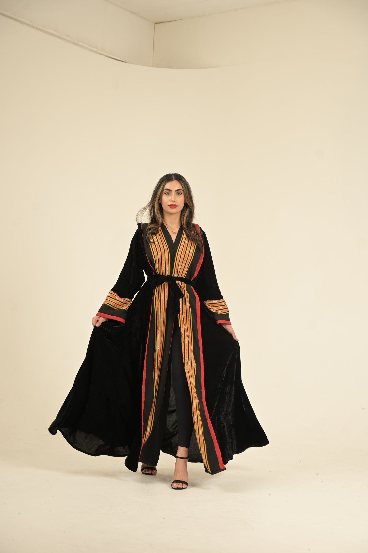 Yemeni traditional fabric with black velvet hooded abaya