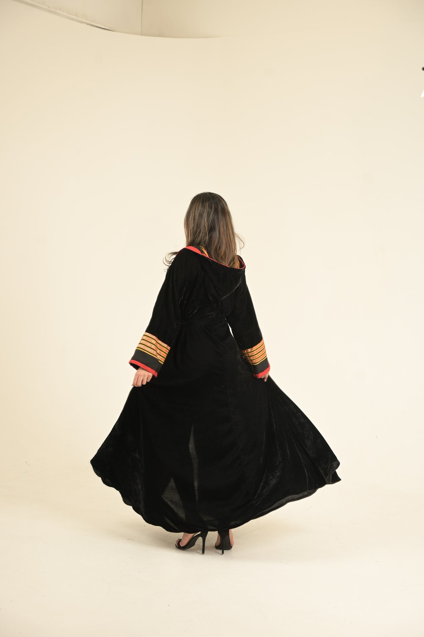 Yemeni traditional fabric with black velvet hooded abaya