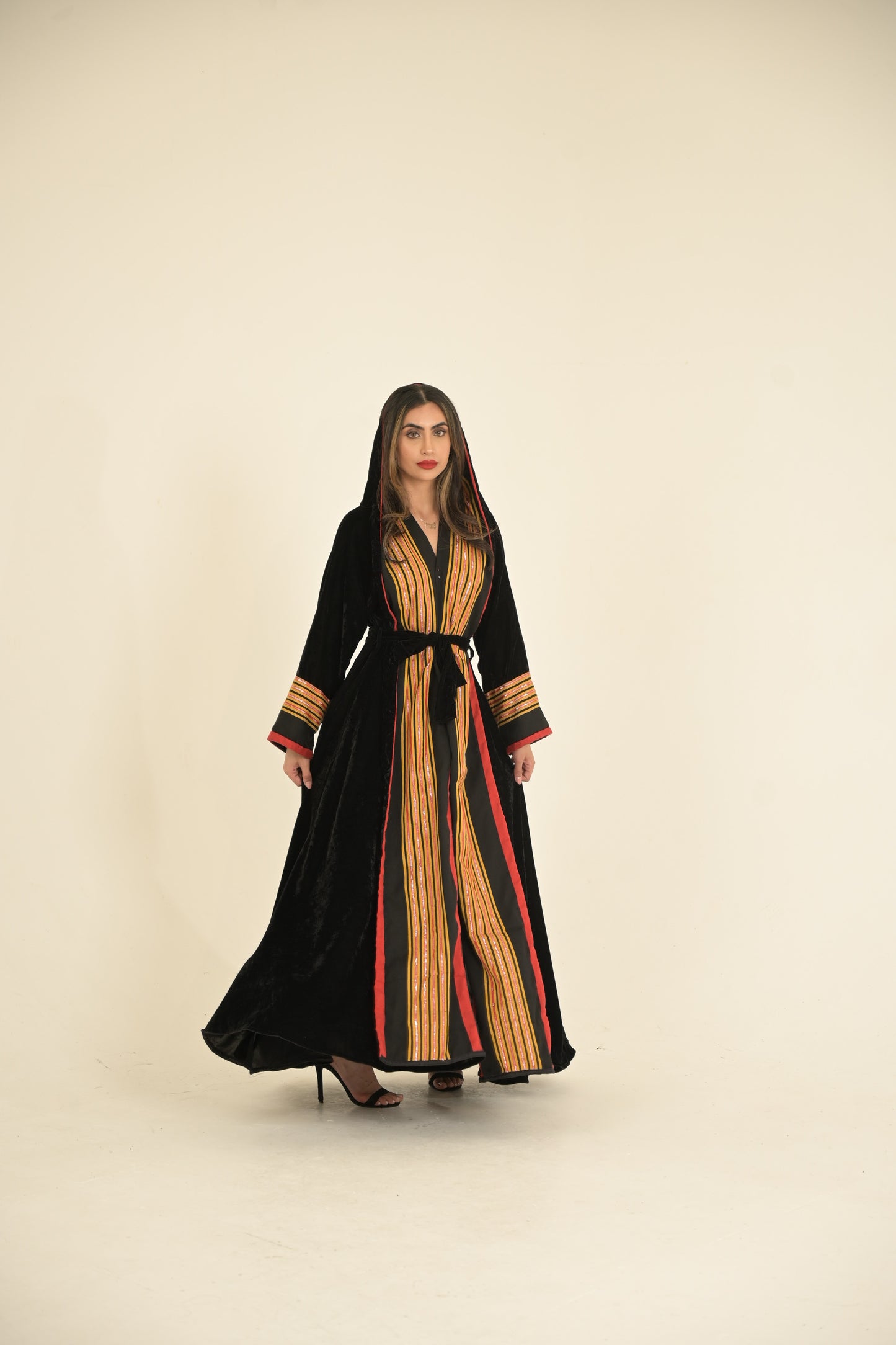 Yemeni traditional fabric with black velvet hooded abaya