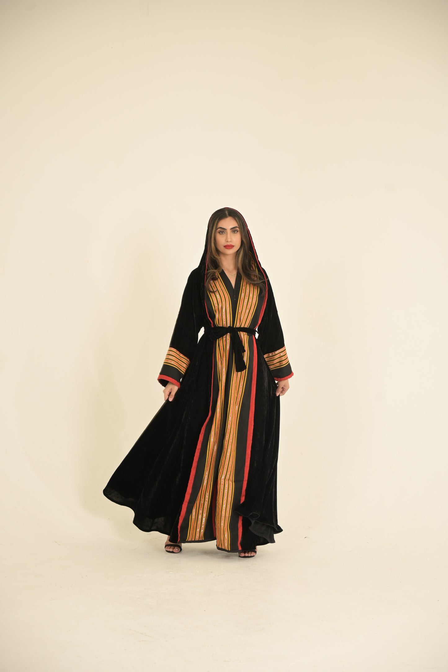 Yemeni traditional fabric with black velvet hooded abaya