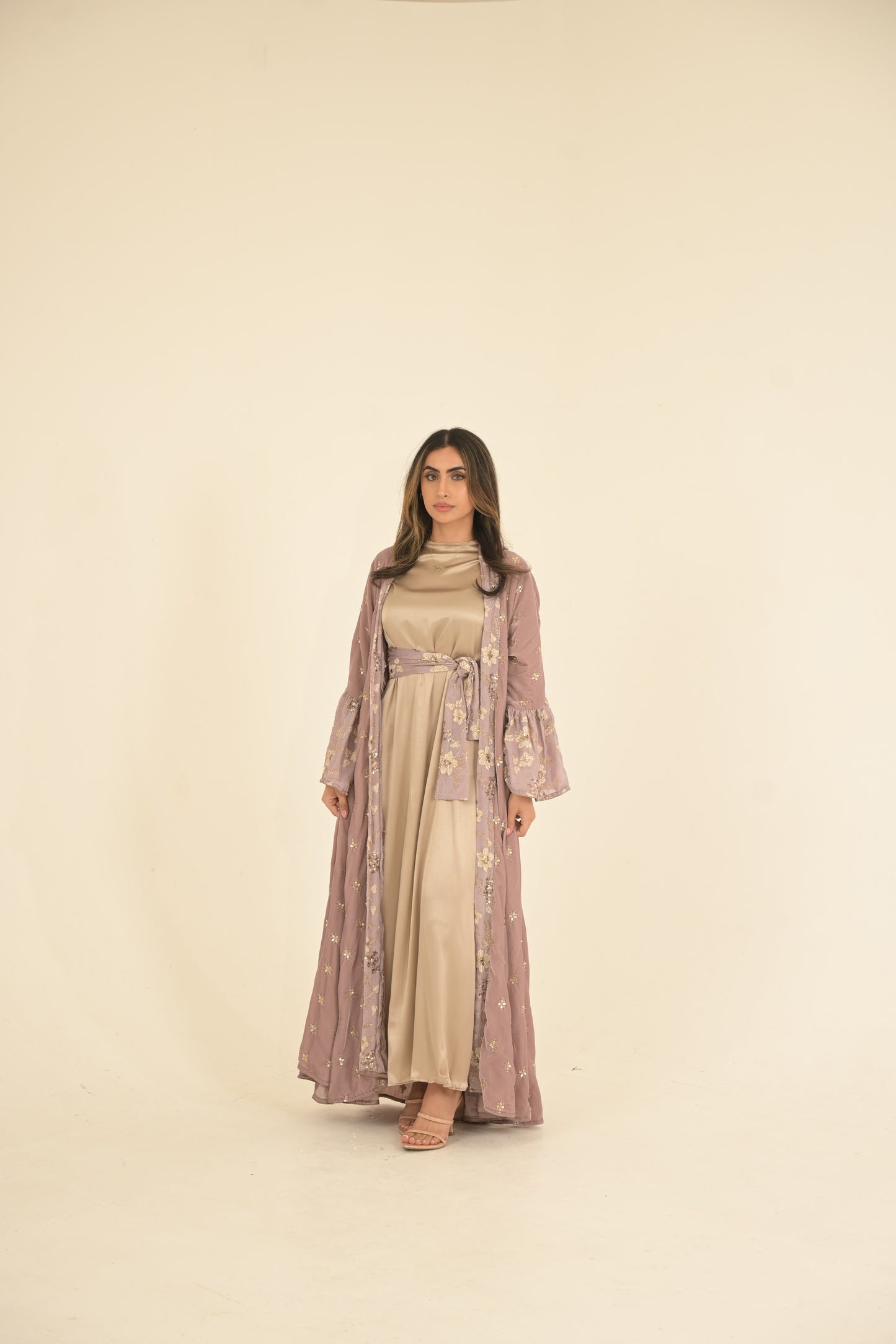 Lilac Velvet Embroidered Abaya With Silk Dress