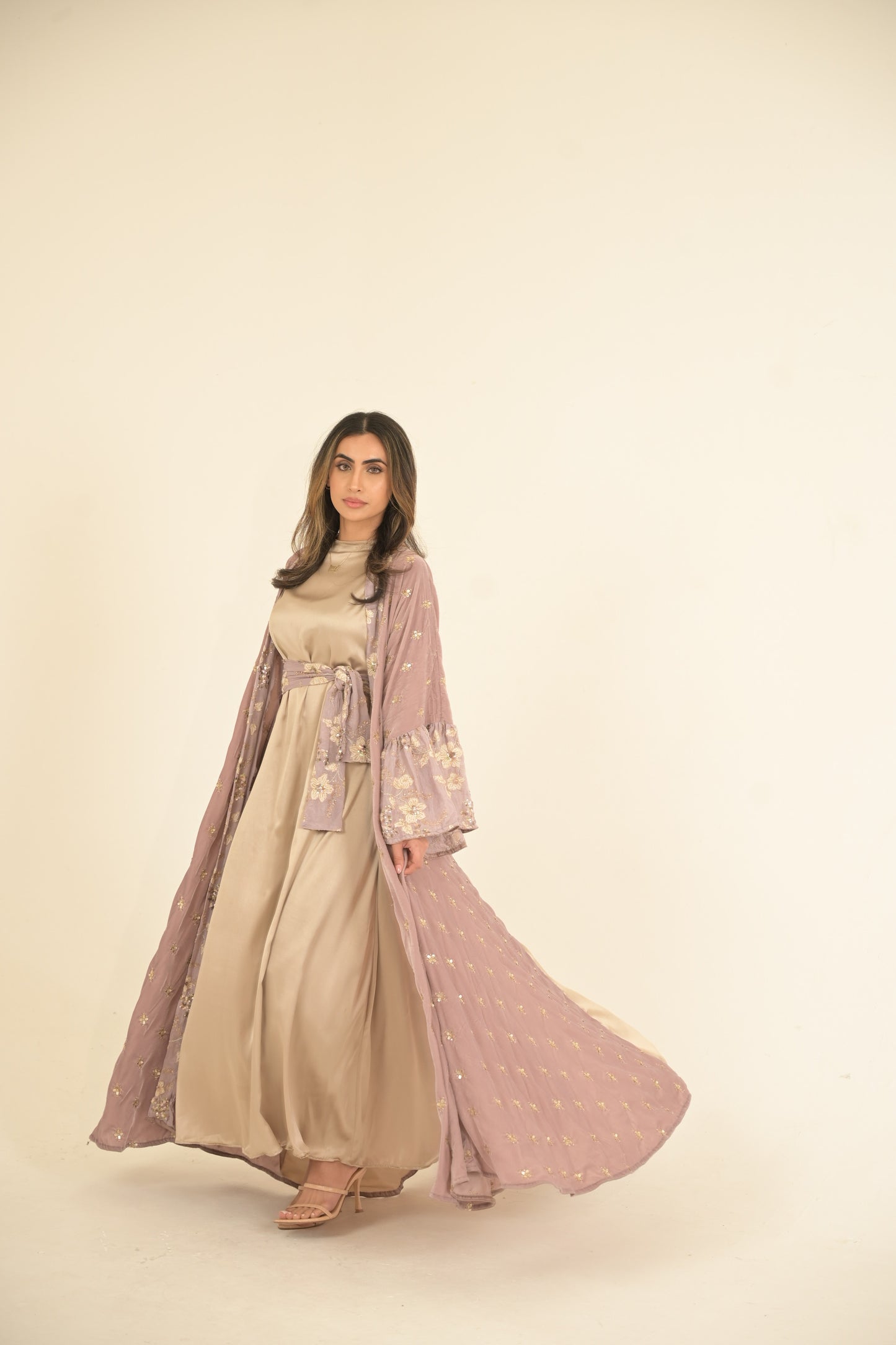 Lilac Velvet Embroidered Abaya With Silk Dress