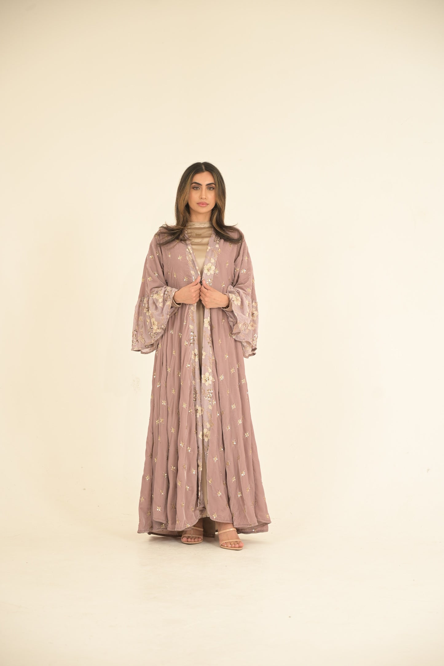 Lilac Velvet Embroidered Abaya With Silk Dress