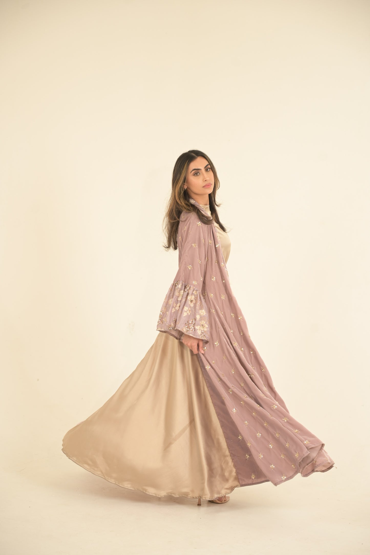 Lilac Velvet Embroidered Abaya With Silk Dress