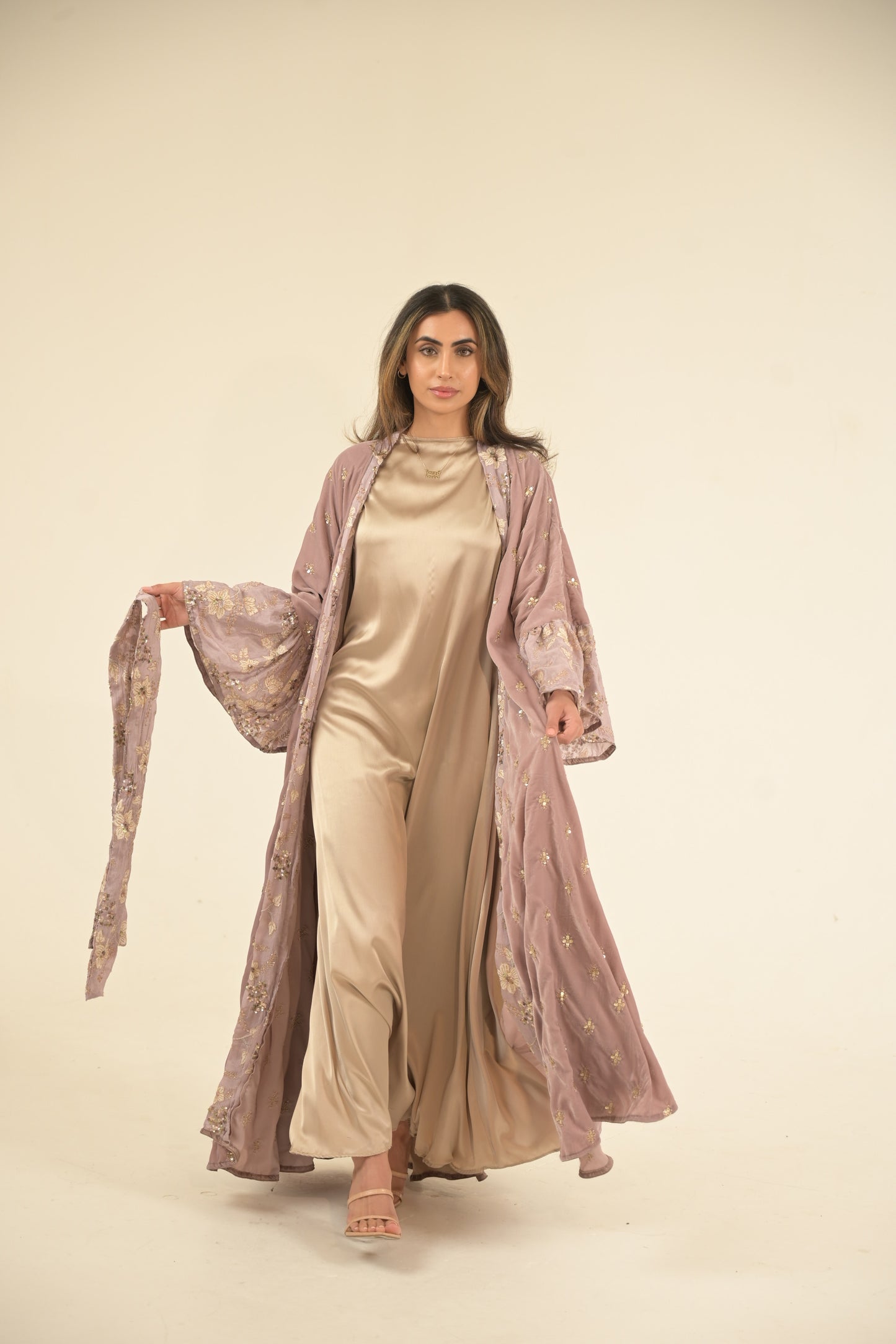 Lilac Velvet Embroidered Abaya With Silk Dress