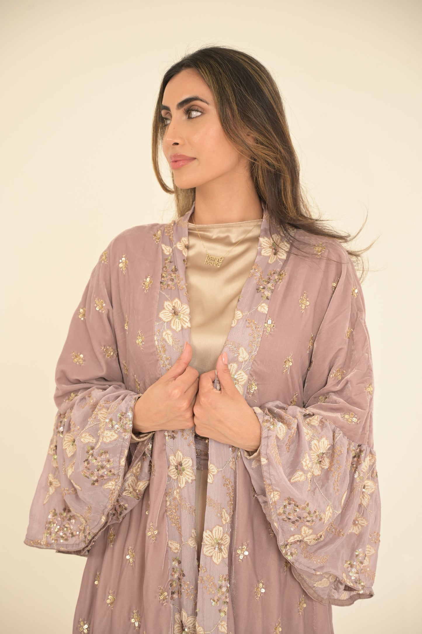 Lilac Velvet Embroidered Abaya With Silk Dress