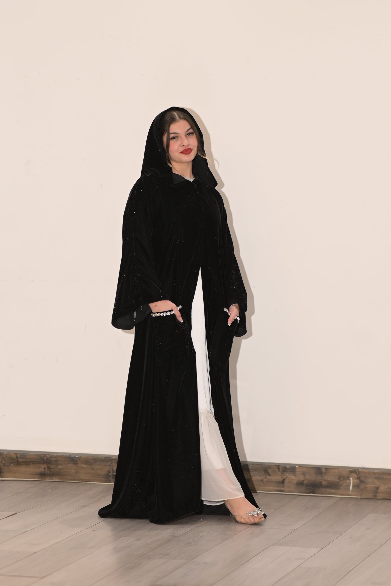 Black velvet hooded Abaya with pockets and Swarovski stones