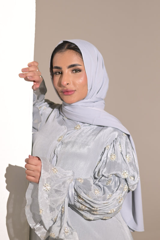 Baby blue, chiffon embroidered Abaya