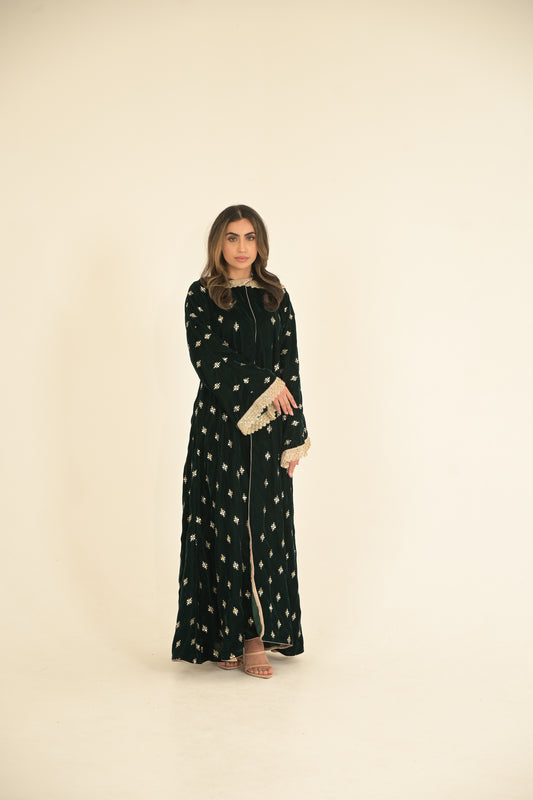 Royal Green with gold lace embroidered abaya 2 Pieces