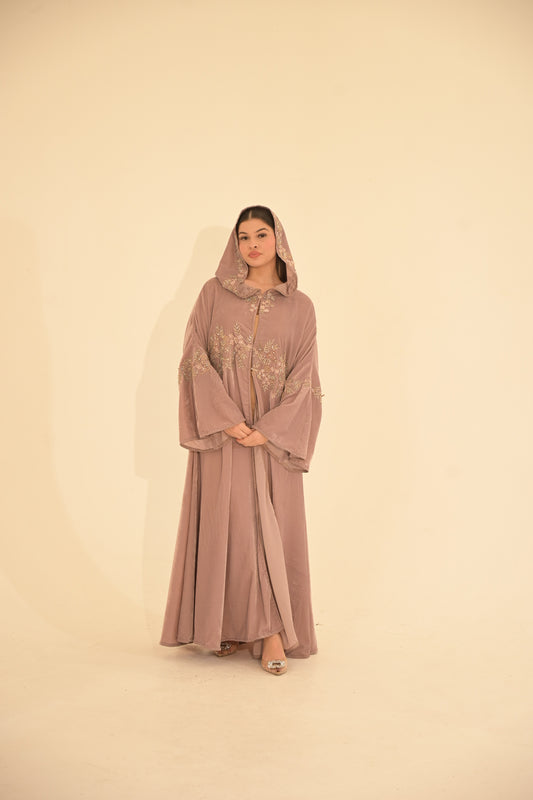 Lilac velvet 3-D embroidered hooded Abaya