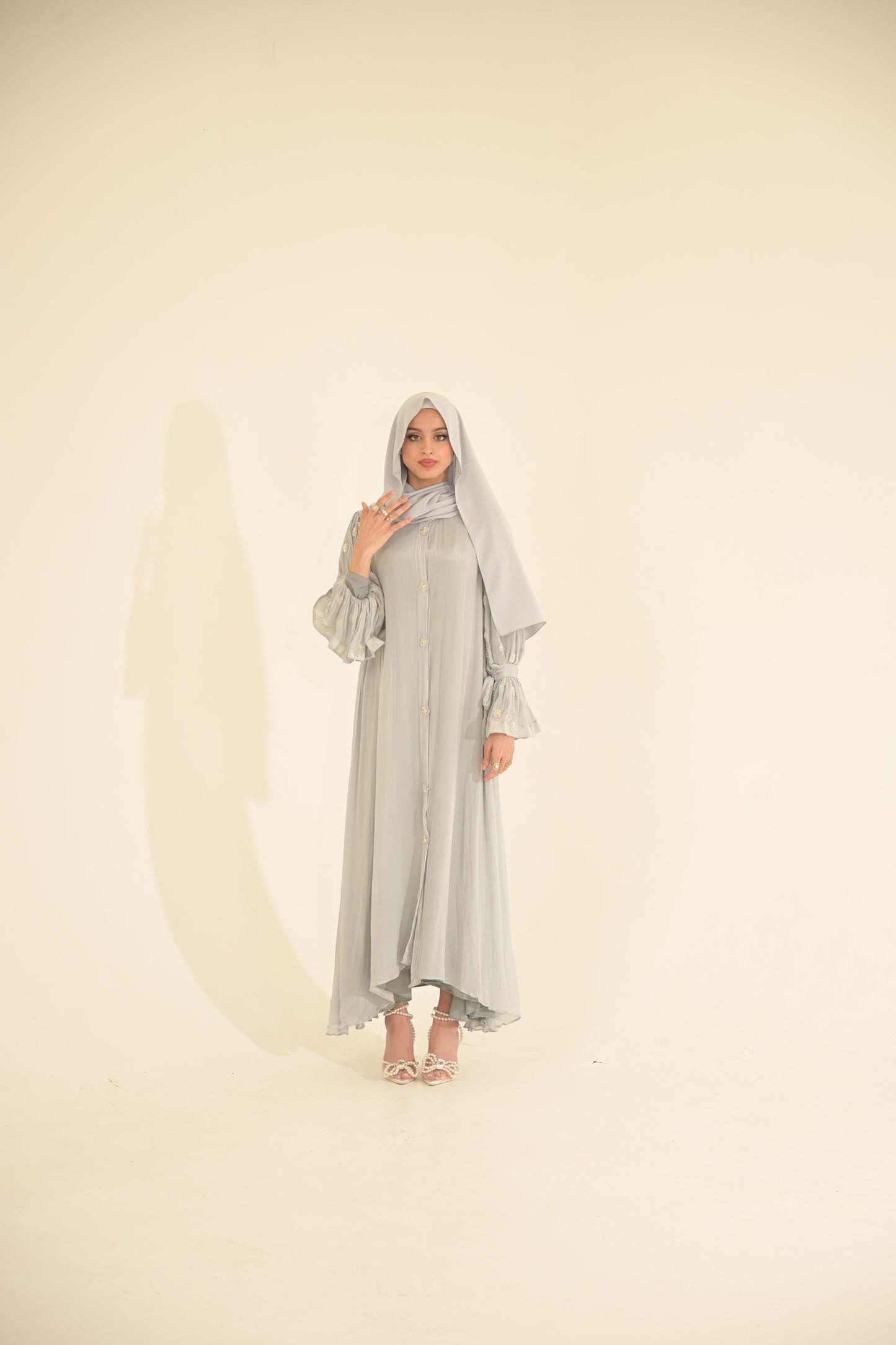 Baby blue, chiffon embroidered Abaya