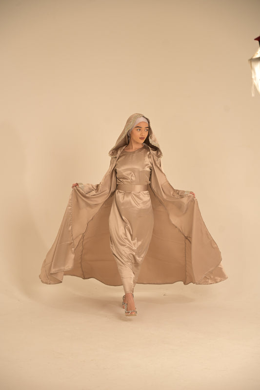 Two pieces silk hooded abaya